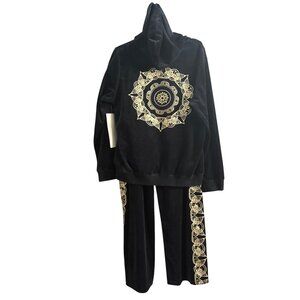 Ashro 2-Piece Black Velour Hoodie & Pants Set With Gold Mandala Design Size 1X